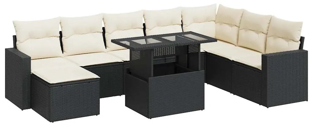 3326367 vidaXL Set mobilier de grădină cu perne, 9 piese, negru, poliratan