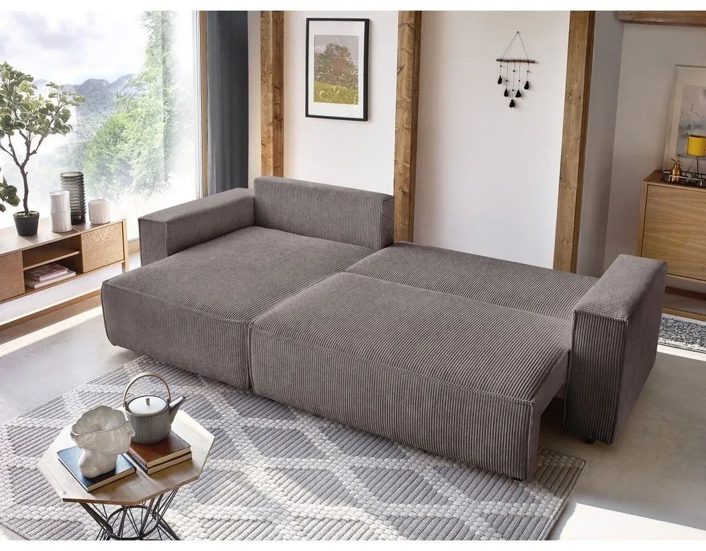 Colțar taupe extensibil/cu spațiu de depozitare cu tapițerie din catifea reiată Nihad – Bobochic Paris