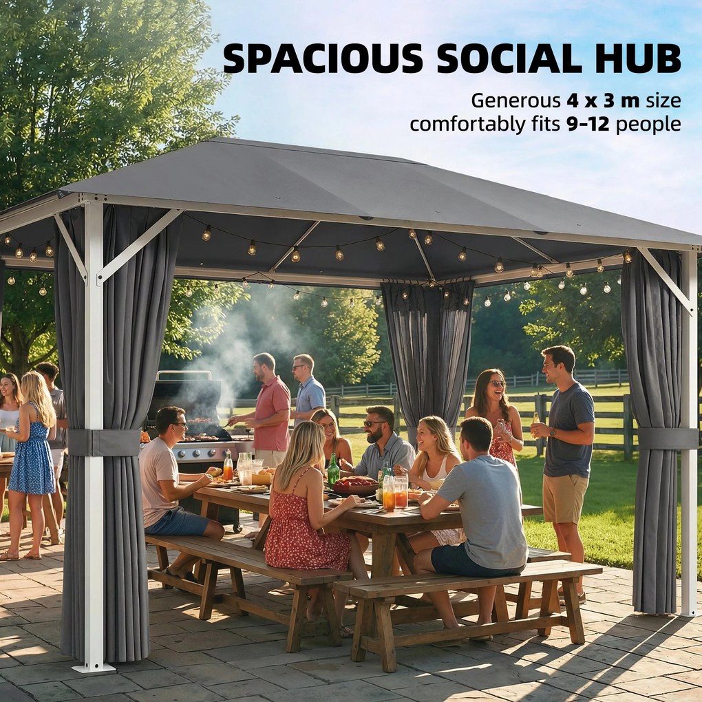 Outsunny Pavilion cca. 4x3 m Rezistent la apă Stabil Rezistent la iarnă Pavilion de grădină cu plasă anti-țânțari 4 părți laterale Ventilație Orificii de drenaj | Aosom Romania