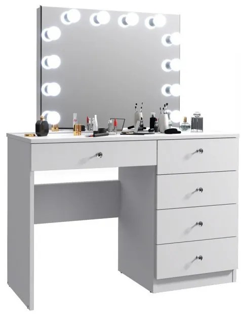 SEA533 - Set Masa toaleta, 110 cm, cu manere tip Cristal, masuta cosmetica machiaj, vanity cu sau fara scaun, oglinda cu LED-uri - Alb