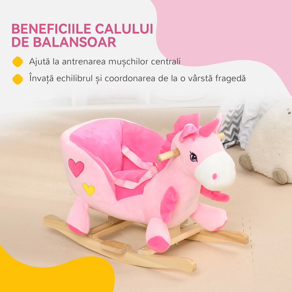 HOMCOM Calut Balansoar, Unicorn Balansoar din Pluș cu Bază din Lemn și Centură de Siguranță pentru Copii, 65x35x45 cm, Roz | Aosom Romania