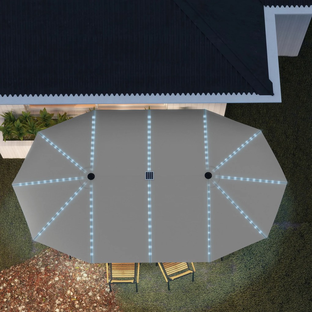 Outsunny Umbrelă dublă cu lumină solară, Aluminiu, Poliester, Protecție UPF50+, rezistent la UV, Umbrelă pentru terasă, Gri închis | Aosom Romania