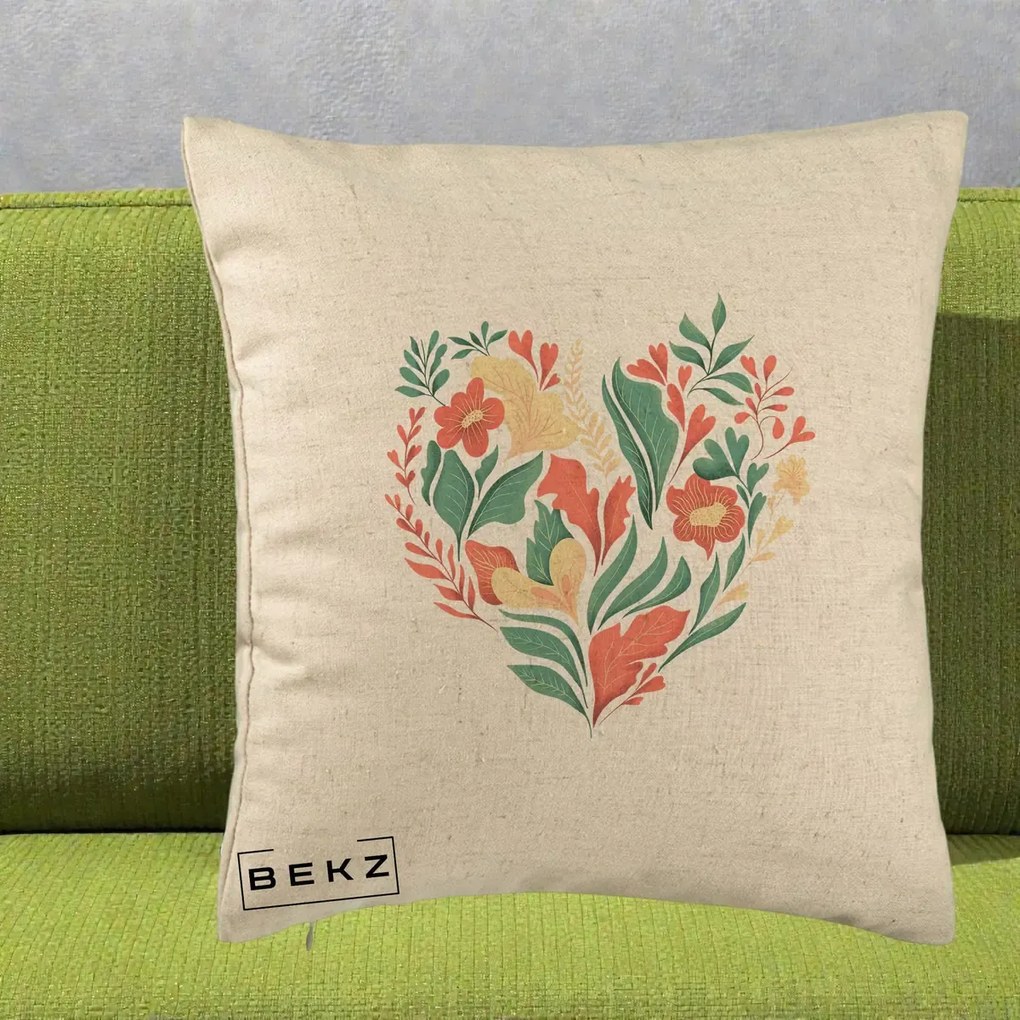 Perna Decorativa Inima Florala Botanica, 40x40 cm, Bej, Husa Detasabila, Perna Inclusa, BEKZ®