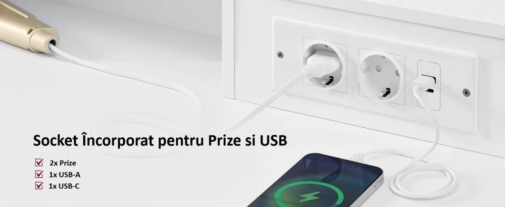 Masuta machiaj cu Oglinda LED si 9 Sertare pentru Cosmetice, Set Masa toaleta 107 cm, Alb, masuta cosmetica, vanity - SEA15