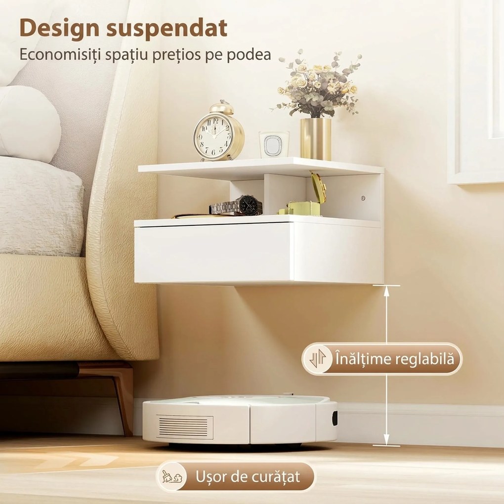 HOMCOM Set de 2 Noptiere Suspendate cu Sertar și Raft Deschis, 35x32x22.5 cm, Alb | Aosom Romania