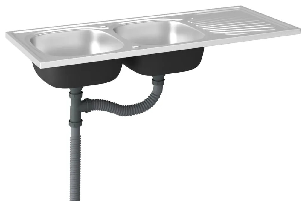 Chiuveta bucatarie cu 2 cuve, argintiu, 1200x600x155 mm, otel 1200 x 600 x 155 mm