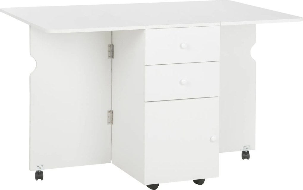 HOMCOM Masa de Bucatarie pliabila cu 2 Sertare si Dulapior cu Usi, Masa Plianta cu 6 Roti din PAL, 120x80x75 cm, Alb