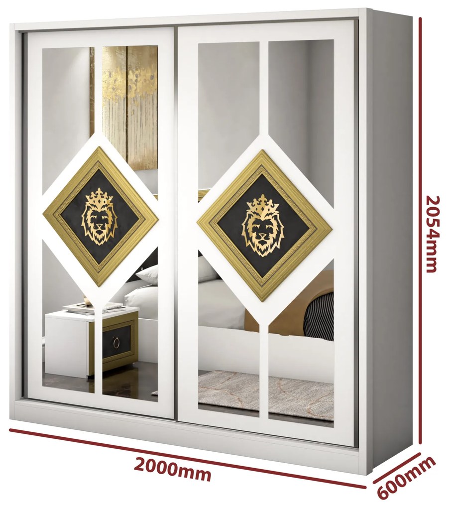 Dormitor Deluxe, culoare alb / negru, cu pat tapitat 160 x 200, dulap 200 cm, comoda si 2 noptiere