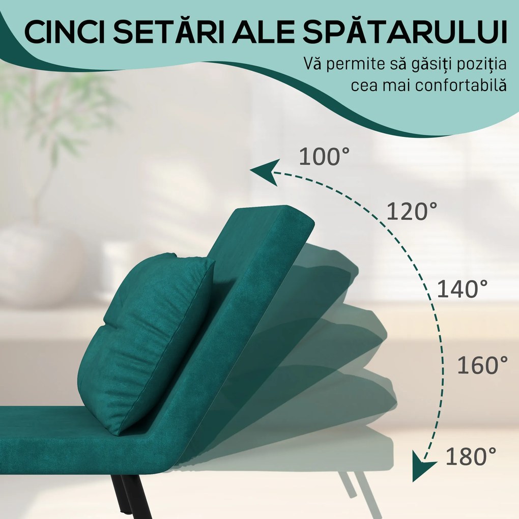 HOMCOM Canapea Extensibilă cu Spătar Reglabil pe 5 Nivele, Canapea Pat Individuală Pliabilă cu Perne, 63x73x81 cm, Verde | Aosom Romania