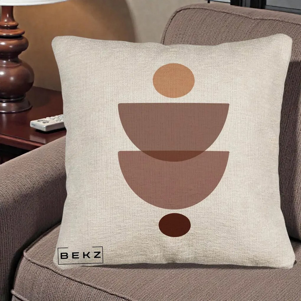 Perna Decorativa Geometric Boho Semicercuri Brun, 40x40 cm, Bej Canapea, Husa Detasabila, Perna Inclusa, BEKZ®