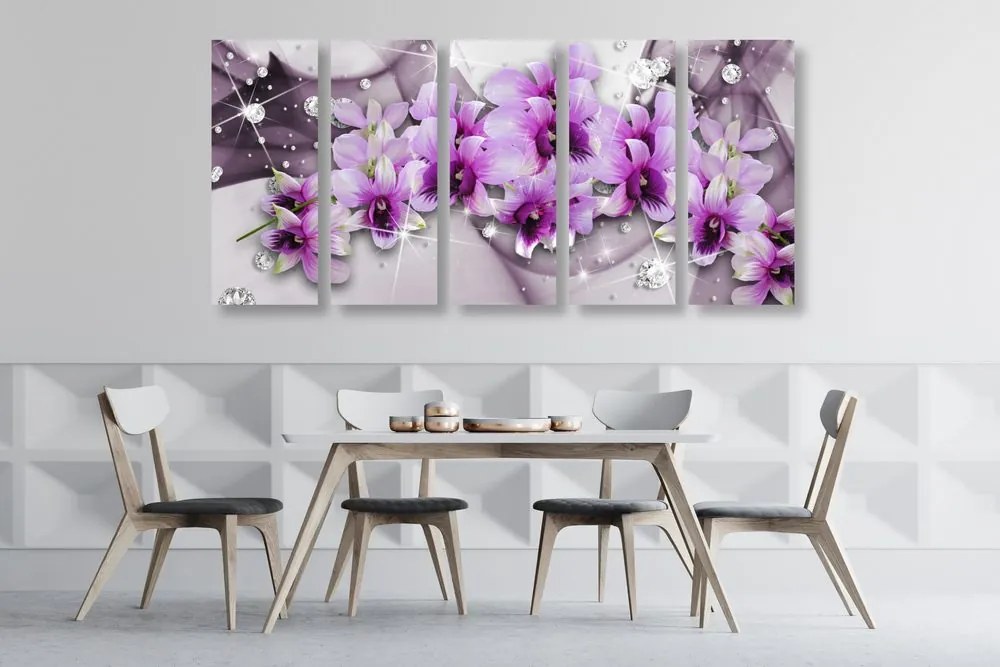 Tablou 5-piese flori violete pe un fundal abstract