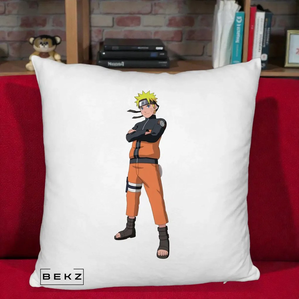 Perna Personalizata Naruto Uzumaki Portret Complet, 40x40 cm, Alb Pufos, Husa Detasabila, Perna Inclusa, BEKZ®