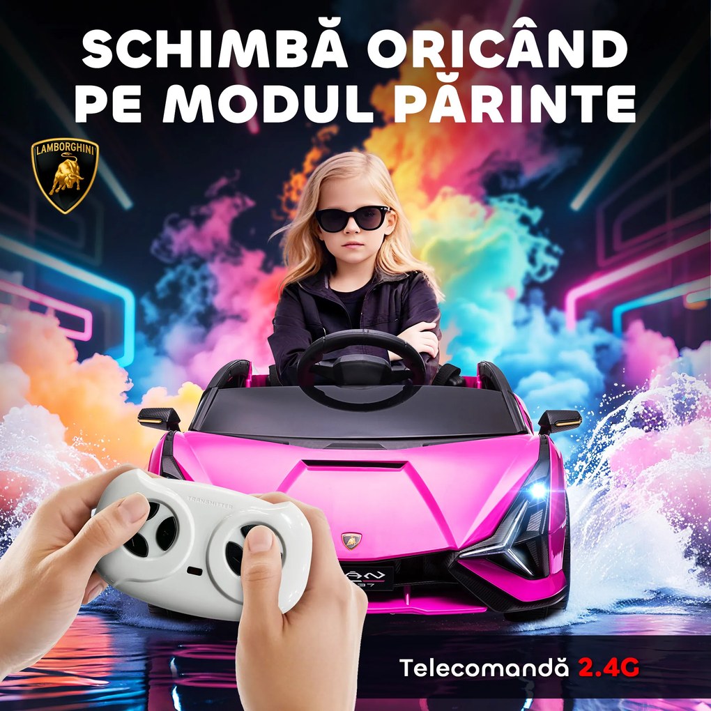 HOMCOM Masina Electrica pentru Copii 12V, Roz Lamborghini 12V cu telecomanda | Aosom Romania