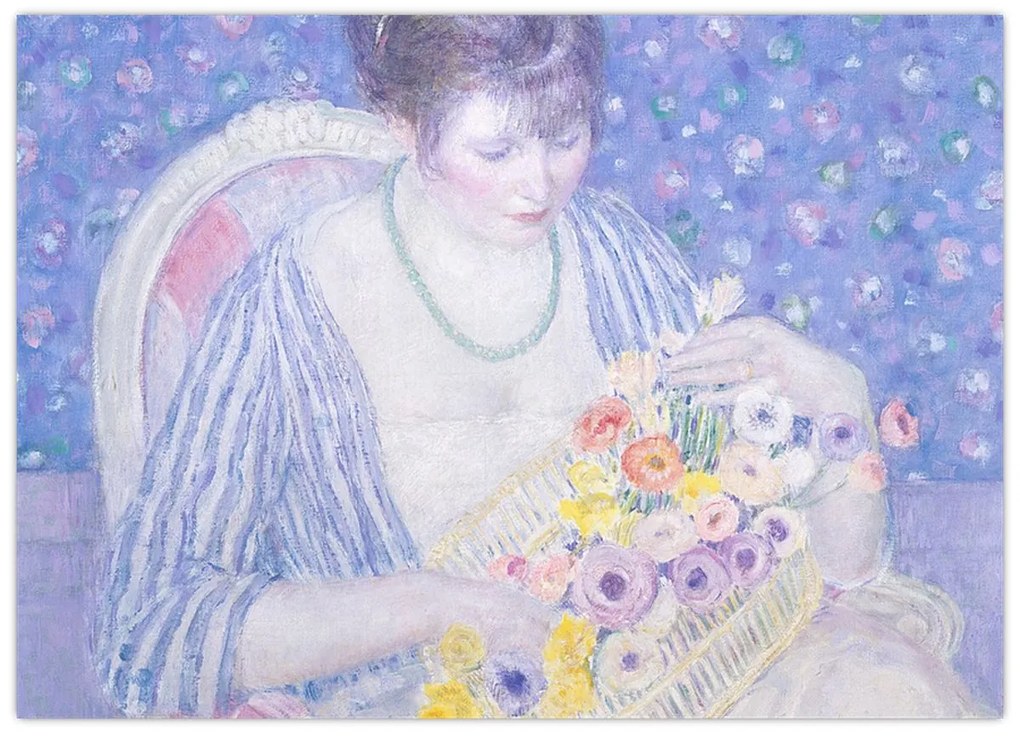 Tablou pe sticlă - Frederick Carl Frieseke,  The Basket of Flowers, reproducere (70x50 cm)