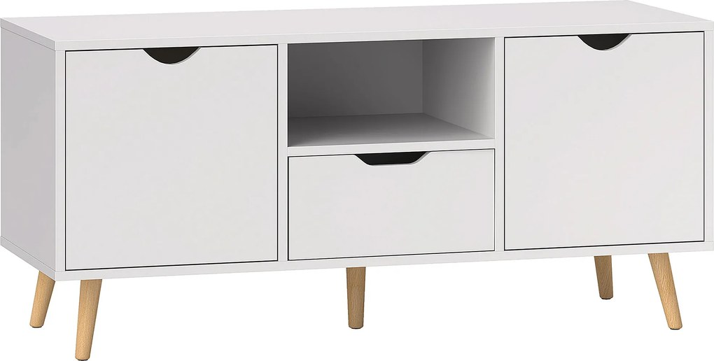 HOMCOM Mobilier TV de 50" cu Sertar, Raft Deschis și 2 Dulapuri, Mobilier TV cu 5 Picioare din Lemn, 110x40x50 cm, Alb | Aosom Romania