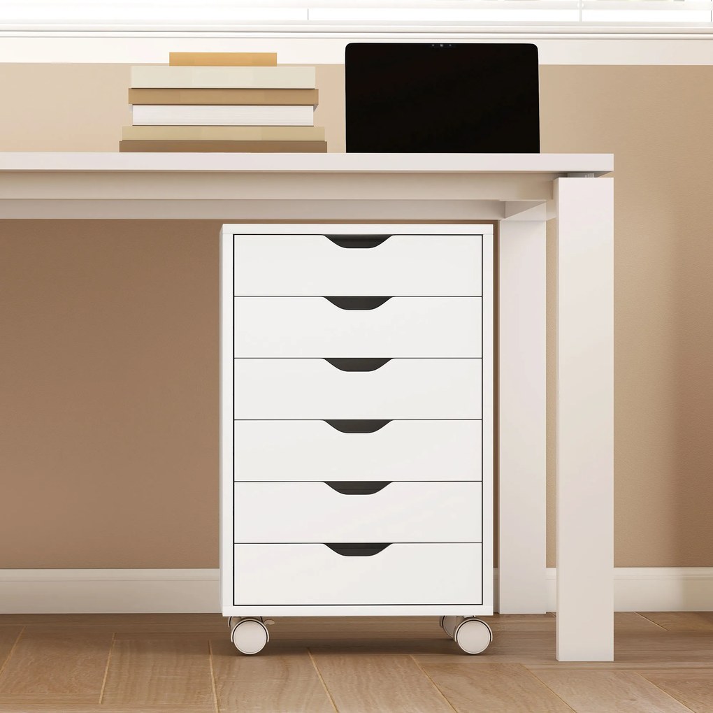 HOMCOM Sertar de Birou cu 6 Sertare Soft Close, 4 Roți, Sertar de Birou pentru Scrisori/Format A4, Dulap Vertical pentru Studio Imprimantă, 40x35x63 cm, Alb | Aosom Romania