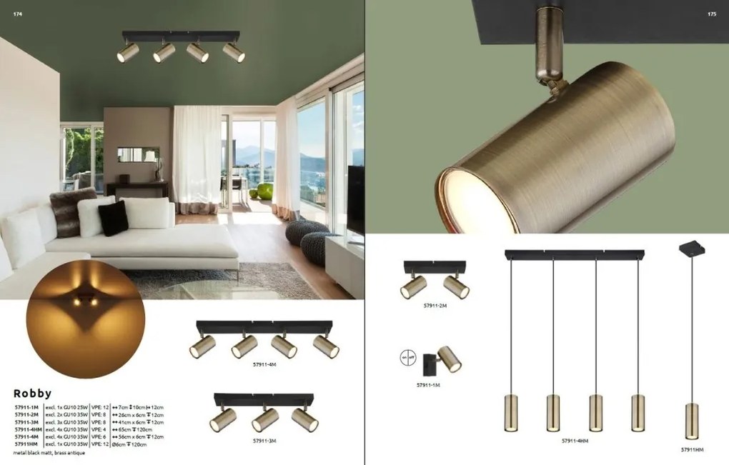 Aplica de perete / tavan cu 2 spoturi directionabile design modern ROBBY negru mat, alama antica