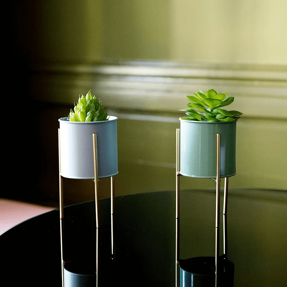 Set 2 ghivece metalice, albastru/neo mentă/auriu, ROZEL SET