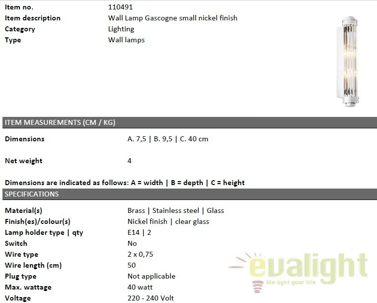 Aplica de perete design LUX Gascogne S nickel 110491 HZ