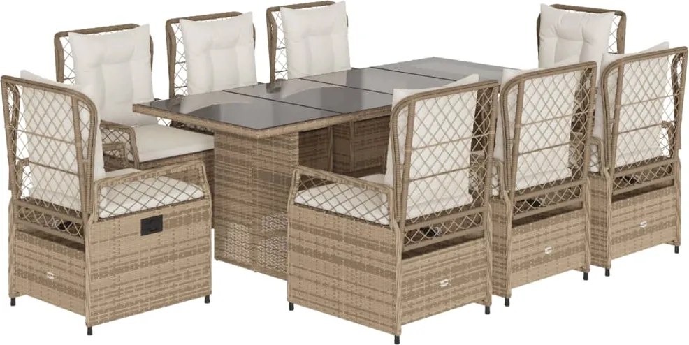vidaXL Set de masă pentru grădină, 9 piese, cu perne, bej, poliratan