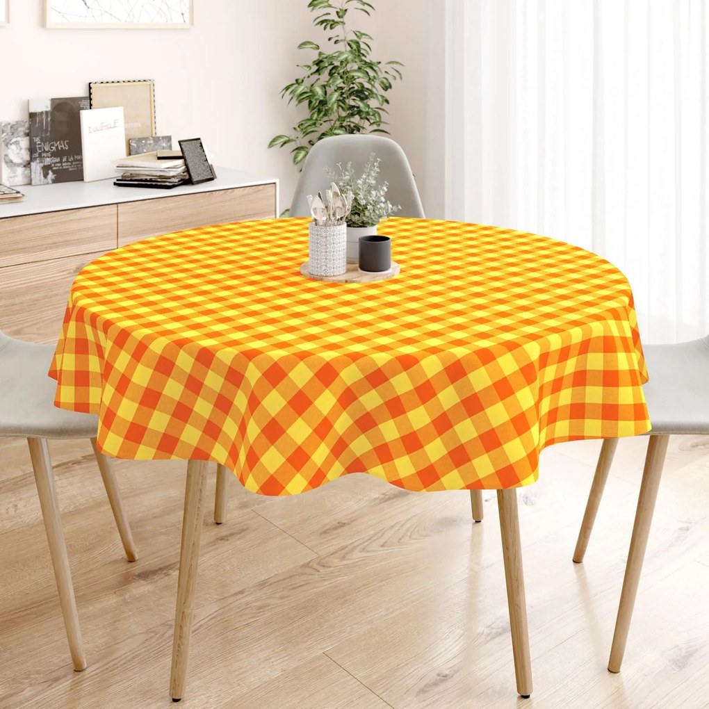Goldea față de masă din 100% bumbac kanafas - carouri mari galben-portocaliu - rotundă Ø 60 cm