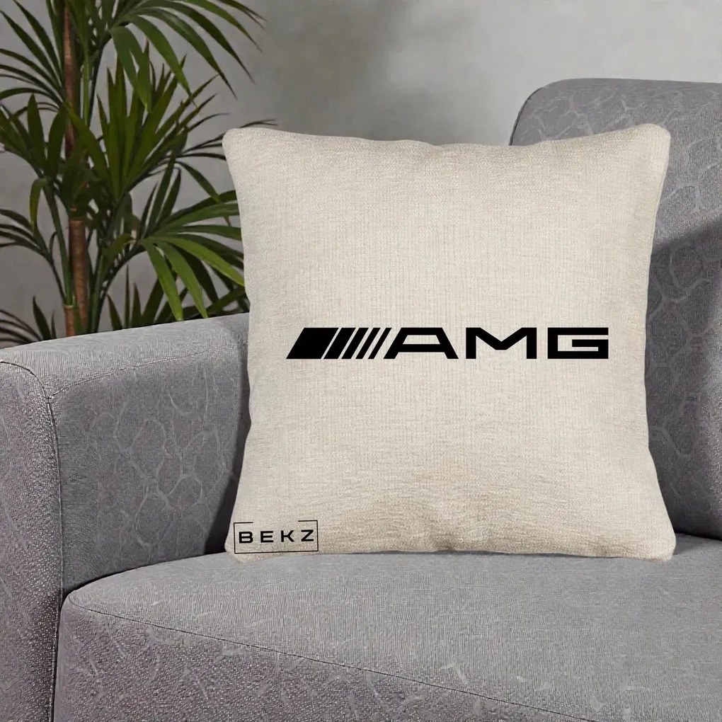 Perna Personalizata cu emblema Mercedes-AMG, 40x40 cm, Bej Canapea, Husa Detasabila, Perna Inclusa, BEKZ®