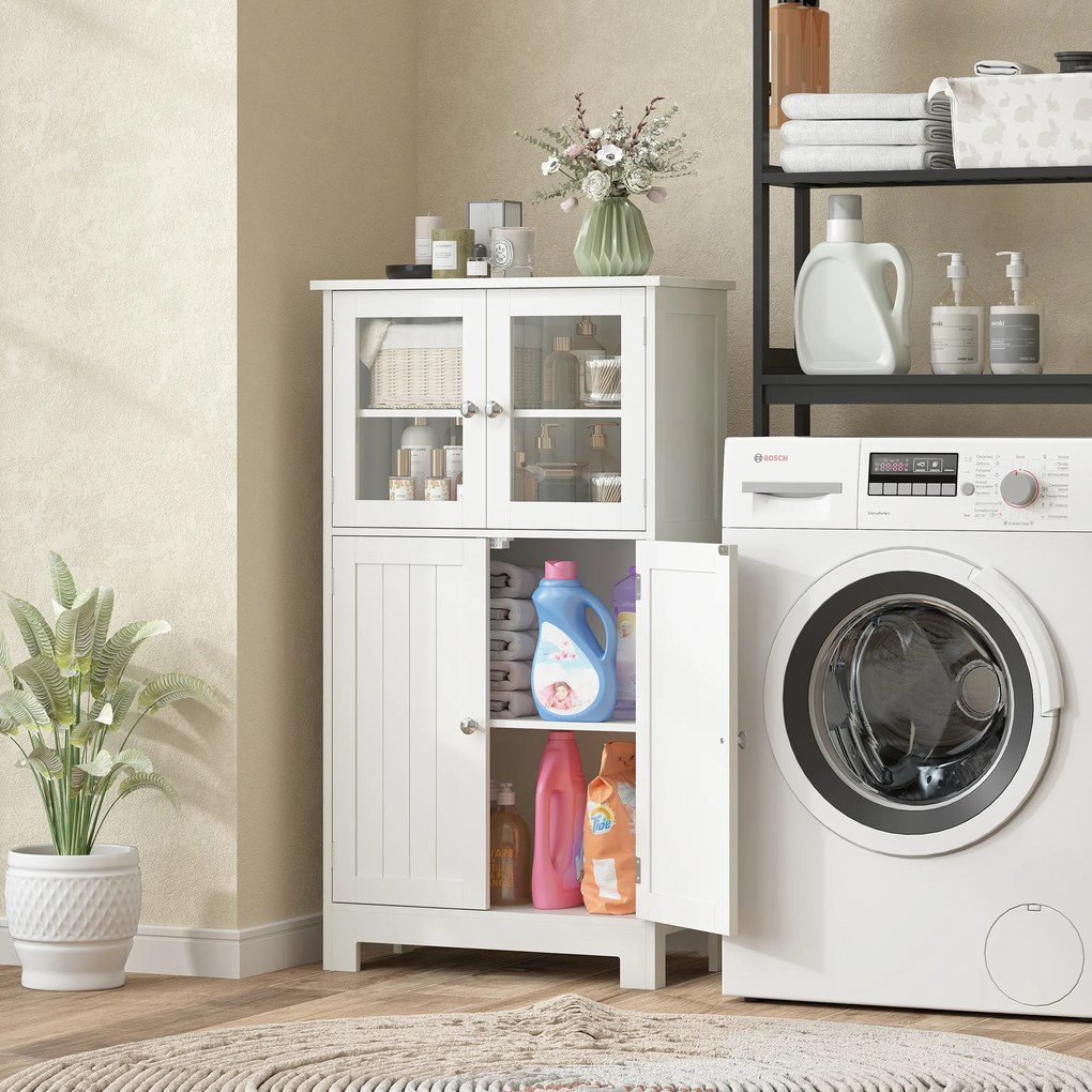 kleankin Mobile Bagno con 2 Armadietti e Ante in Vetro, Mobiletto Bagno Salvaspazio con Ripiano Regolabile, Armadietto da Terra per Sala da Pranzo, Salotto, Soggiorno, Cucina, 60x30x108.5 cm, Bianco | Aosom Romania