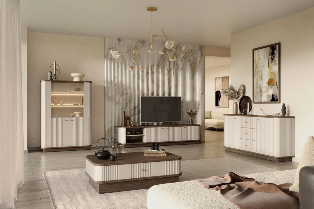 Măsuță de cafea Vesper 103x60 cm cu sertar și mâner auriu - culoare cașmir / nuc