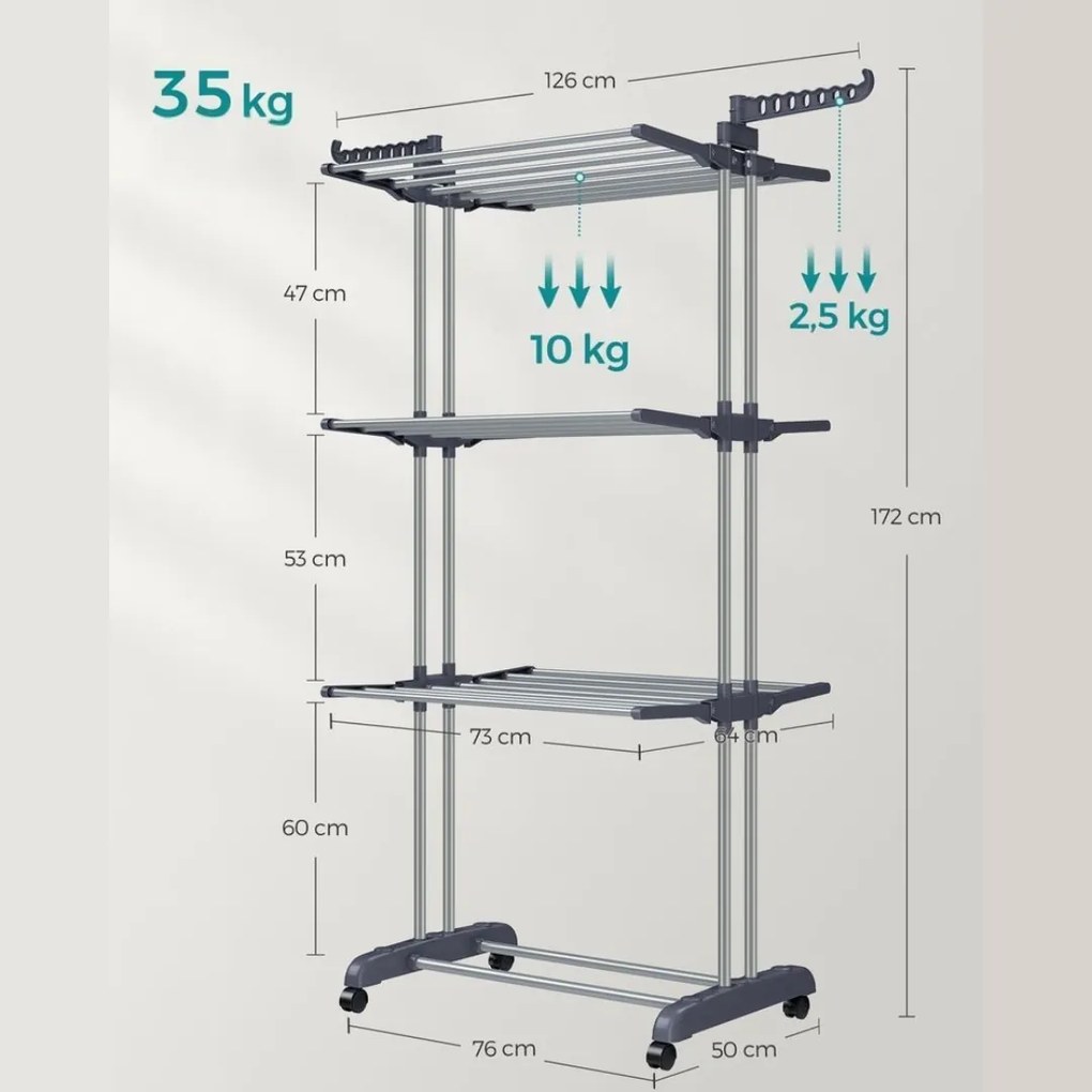 Uscător de rufe ELTON cu 4 niveluri pe roți, 76x172x50 cm, gri SongmicsHome