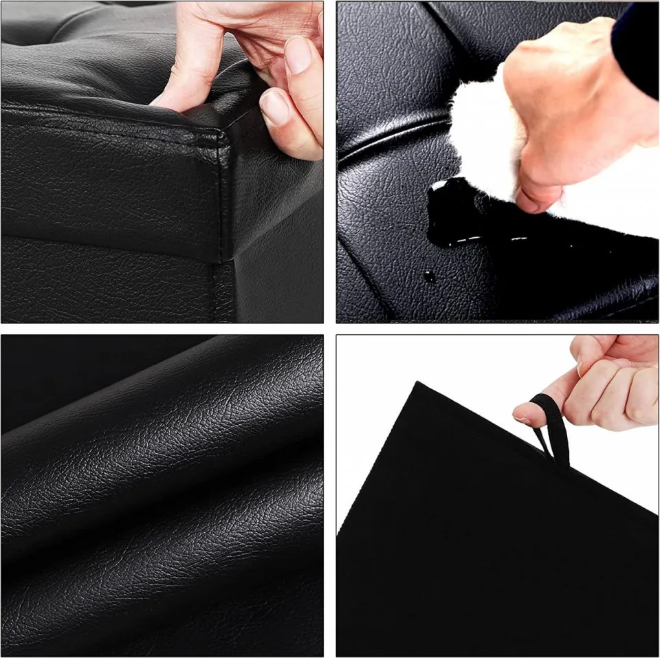 Bancheta cu capac si spatiu depozitare, 76 x 38 x 38 cm, MDF / piele ecologica, negru, Songmics