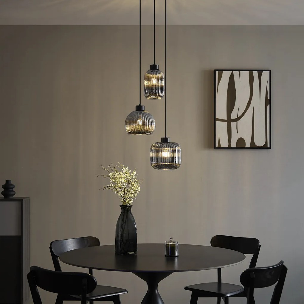 Lampă suspendată inteligentă neagră cu sticlă fumurie cu 3 lumini, inclusiv WiFi A60 - Ana