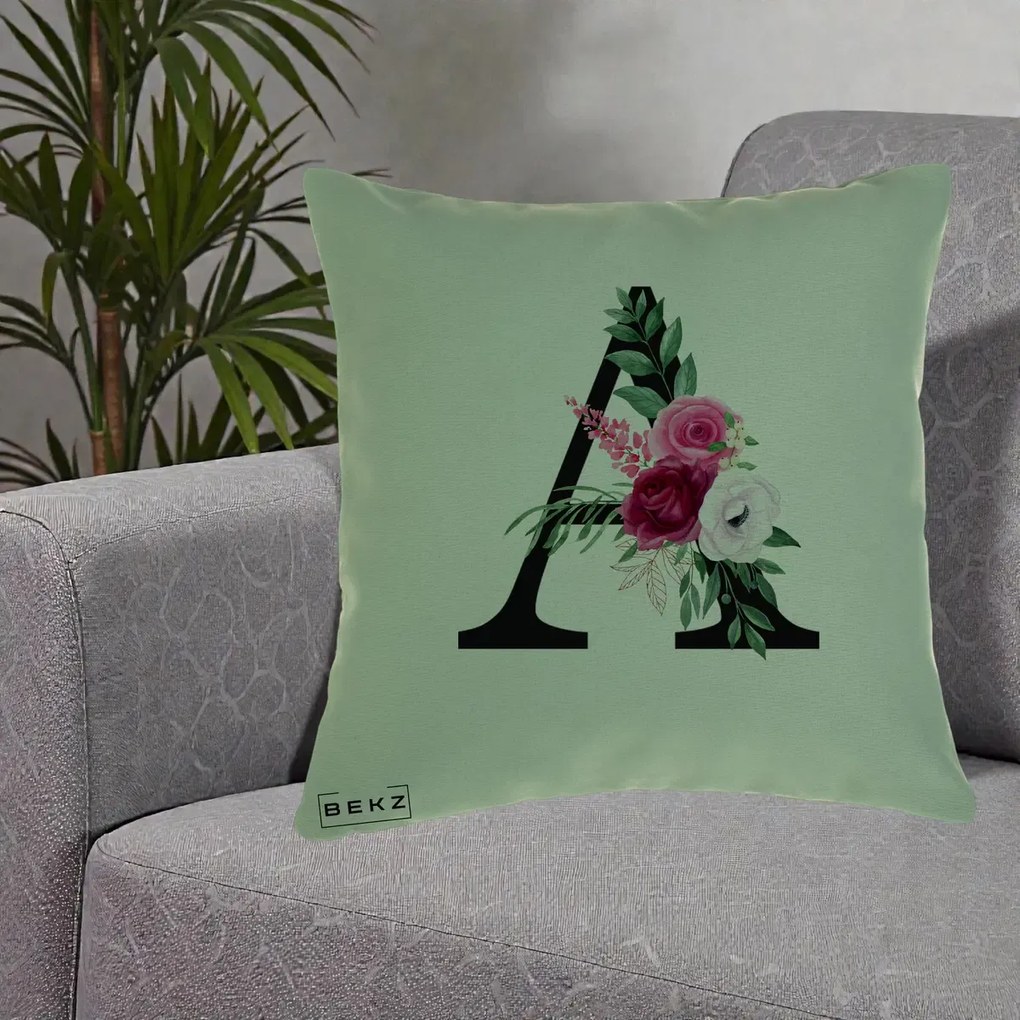 Cadou Personalizat - Perna Personalizata Monograma Florala Litera A, 40x40 cm, Verde, Husa Detasabila, Perna Inclusa, BEKZ®