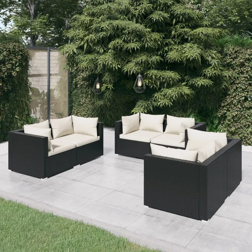 Set mobilier de gradina cu perne, 6 piese, negru, poliratan negru si crem, 6x colt, 1