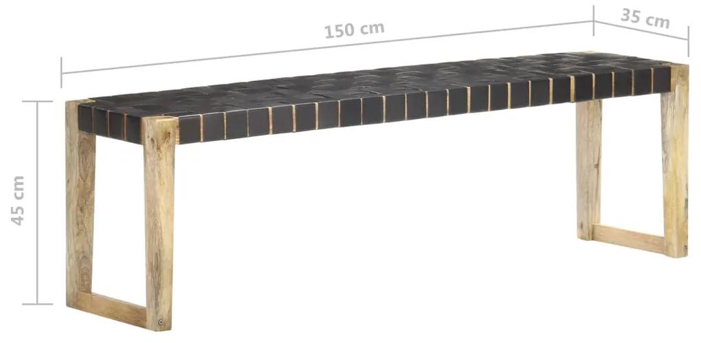 Banca, negru, 150 cm, piele naturala si lemn masiv de mango Negru, 150 x 35 x 45 cm