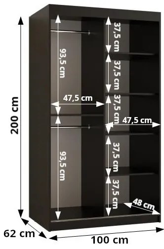 Dulap de haine Riven 2 100 (alb mat + negru mat) (cu oglindă). 1064166