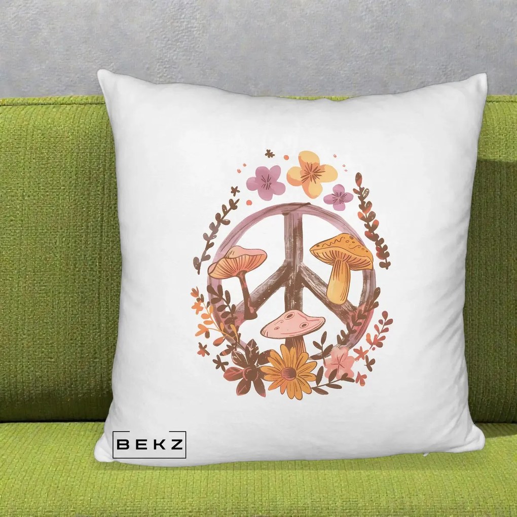 Perna Decorativa Peace Sign Ciuperci Floral, 40x40 cm, Alb Pufos, Husa Detasabila, Perna Inclusa, BEKZ®