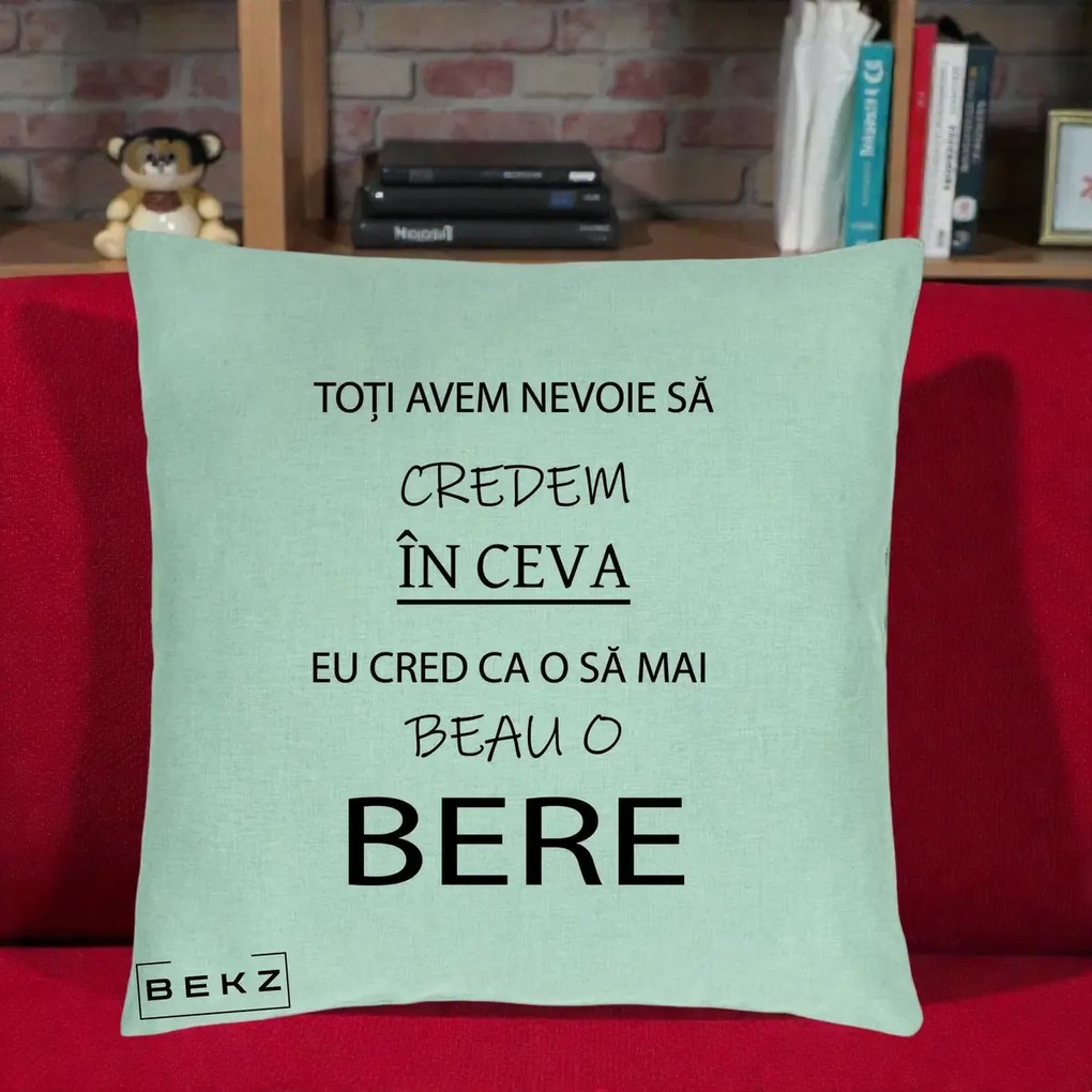 Perna Decorativa Eu Cred ca mai Beau o Bere, 40x40 cm, Verde Menta, Husa Detasabila, Perna Inclusa, BEKZ®