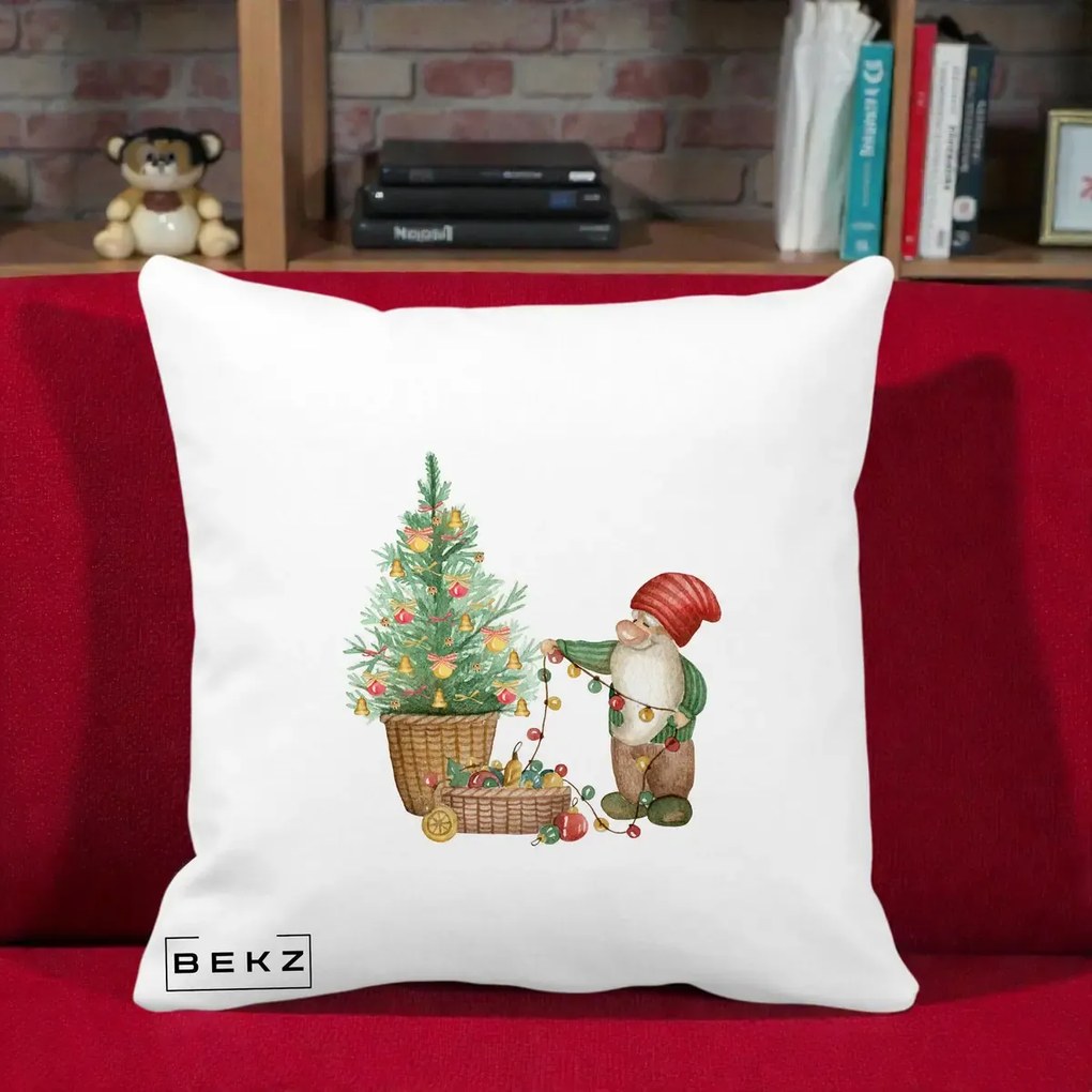 Perna Decorativa Pitic de Craciun cu Brad, 40x40 cm, Alba Mata, Husa Detasabila, Perna Inclusa, BEKZ®