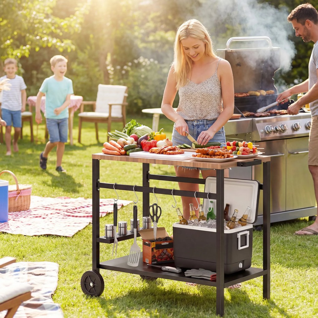 Outsunny Cărucior de grătar cu 2 niveluri Masă auxiliară mobilă pentru grătar cu roți Suport pentru băuturi Cârlige Mâner Negru și Maro | Aosom Romania