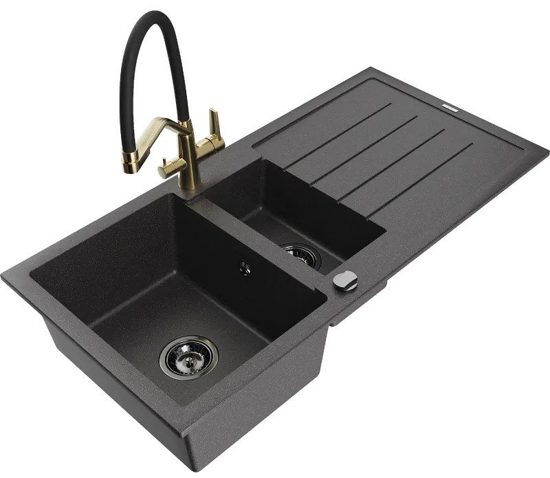 Mexen Andres chiuvetă de bucătărie din granit cu 1,5 compartimente, cu scurgător și baterie Duo, neagră cu pete