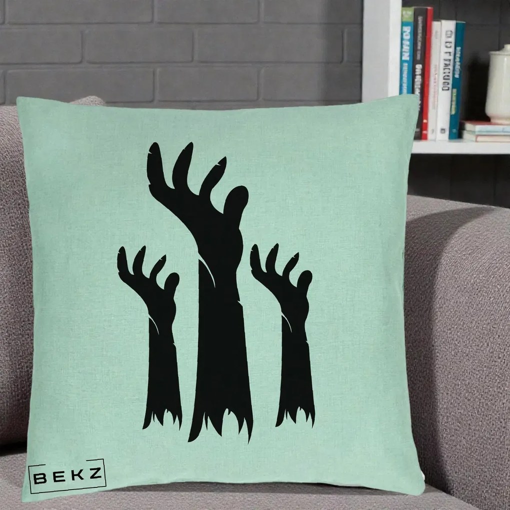 Perna Decorativa Halloween Maini Zombie Alb-Negru, 40x40 cm, Verde Menta, Husa Detasabila, Perna Inclusa, BEKZ®