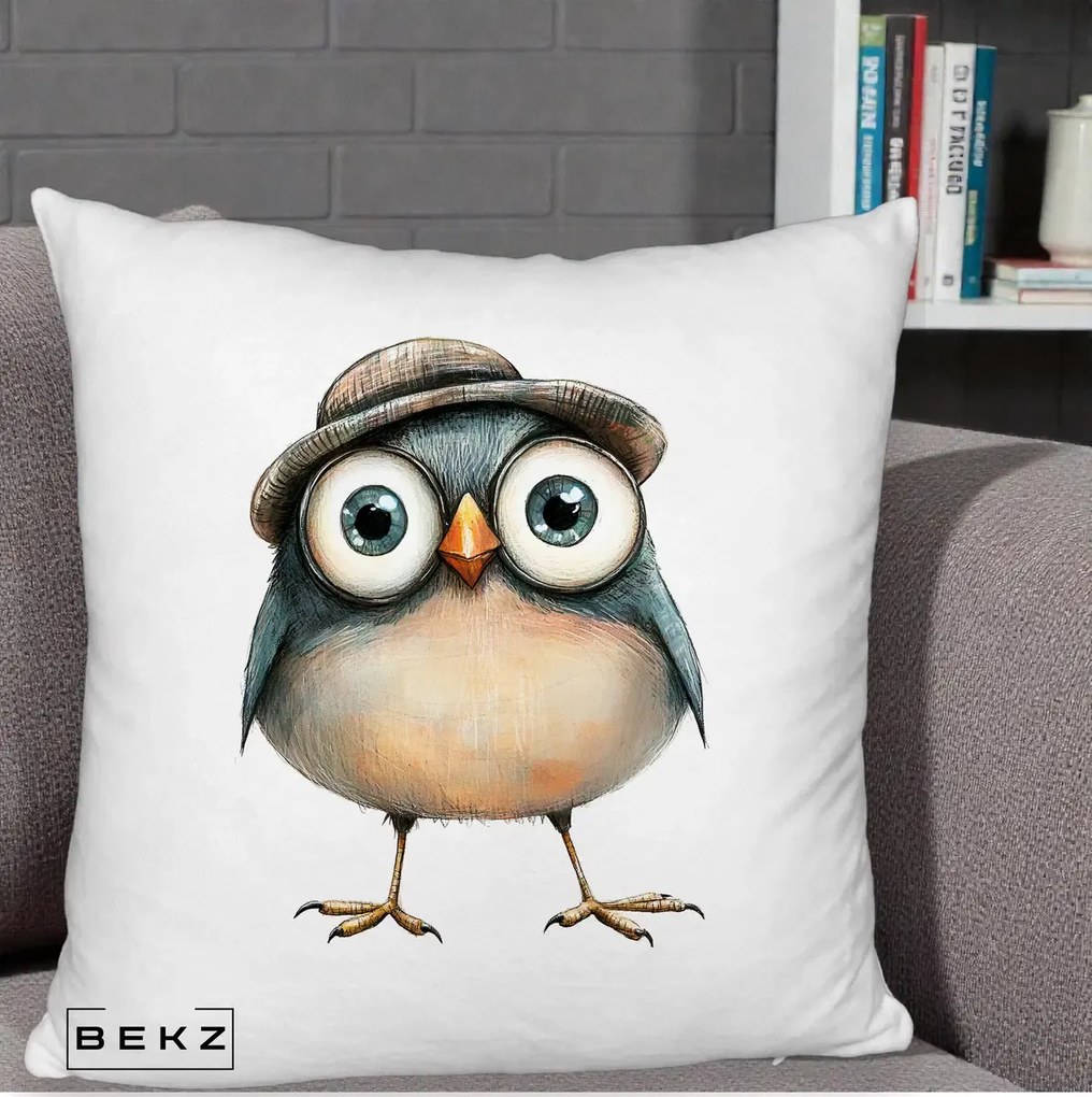Perna Decorativa Pui cu Palarie Rotunda, 40x40 cm, Alb Pufos, Husa Detasabila, Perna Inclusa, BEKZ®