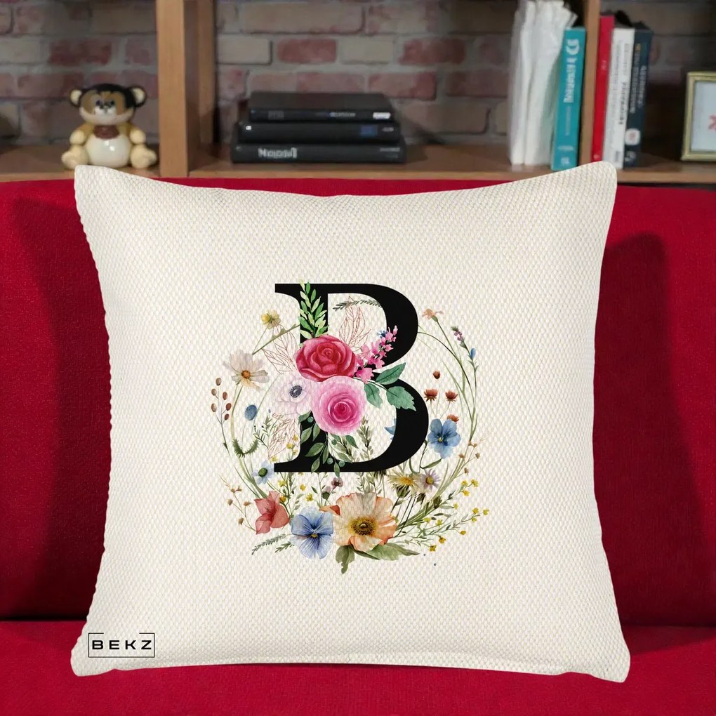 Cadou Personalizat - Perna Personalizata Monogram Litera B cu Flori Acuarela, 40x40 cm, Crem Reliefat, Husa Detasabila, Perna Inclusa, BEKZ®