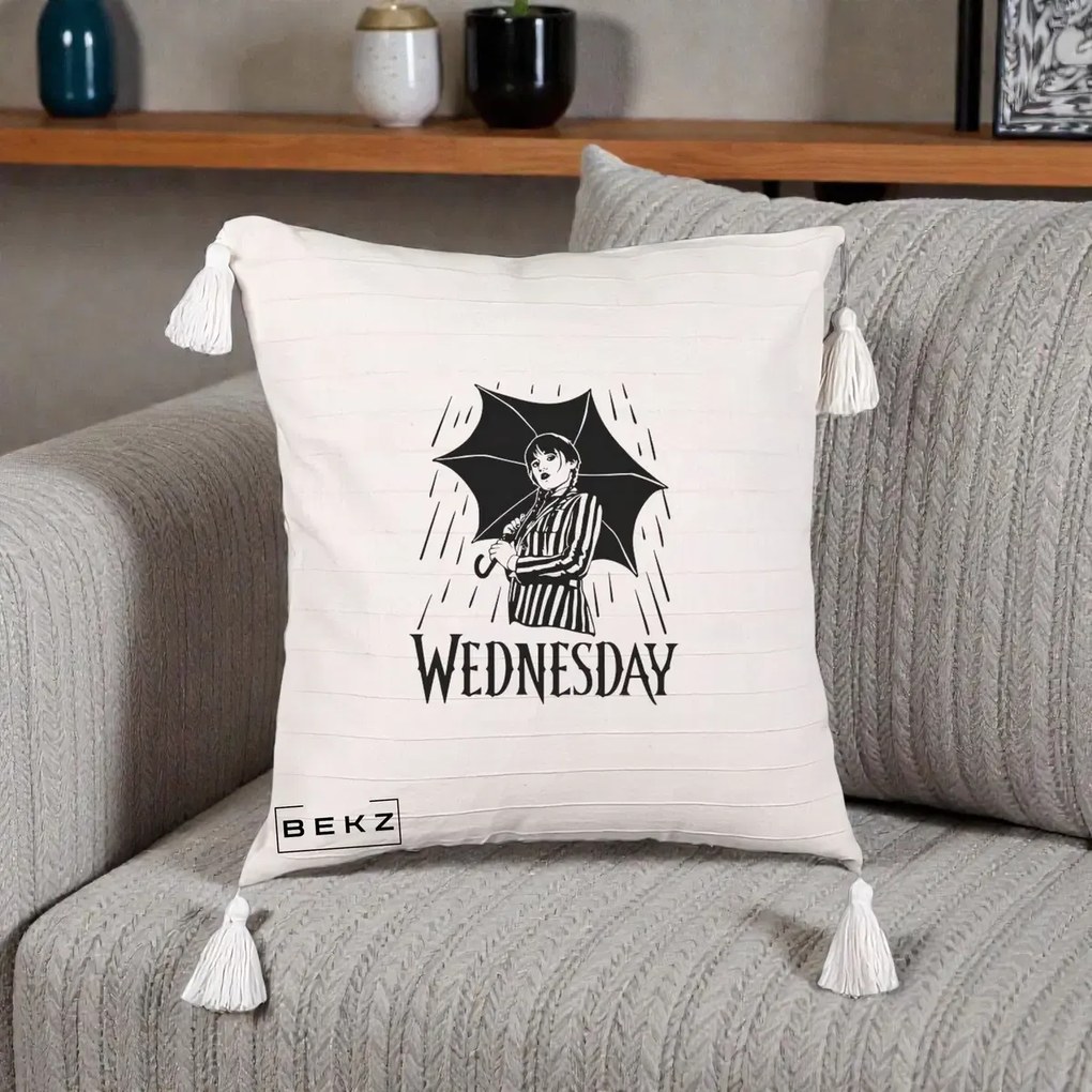 Perna Personalizata Wednesday cu Umbrela Ploaie Lineart, 40x40 cm, Bej cu Franjuri, Husa Detasabila, Perna Inclusa, BEKZ®
