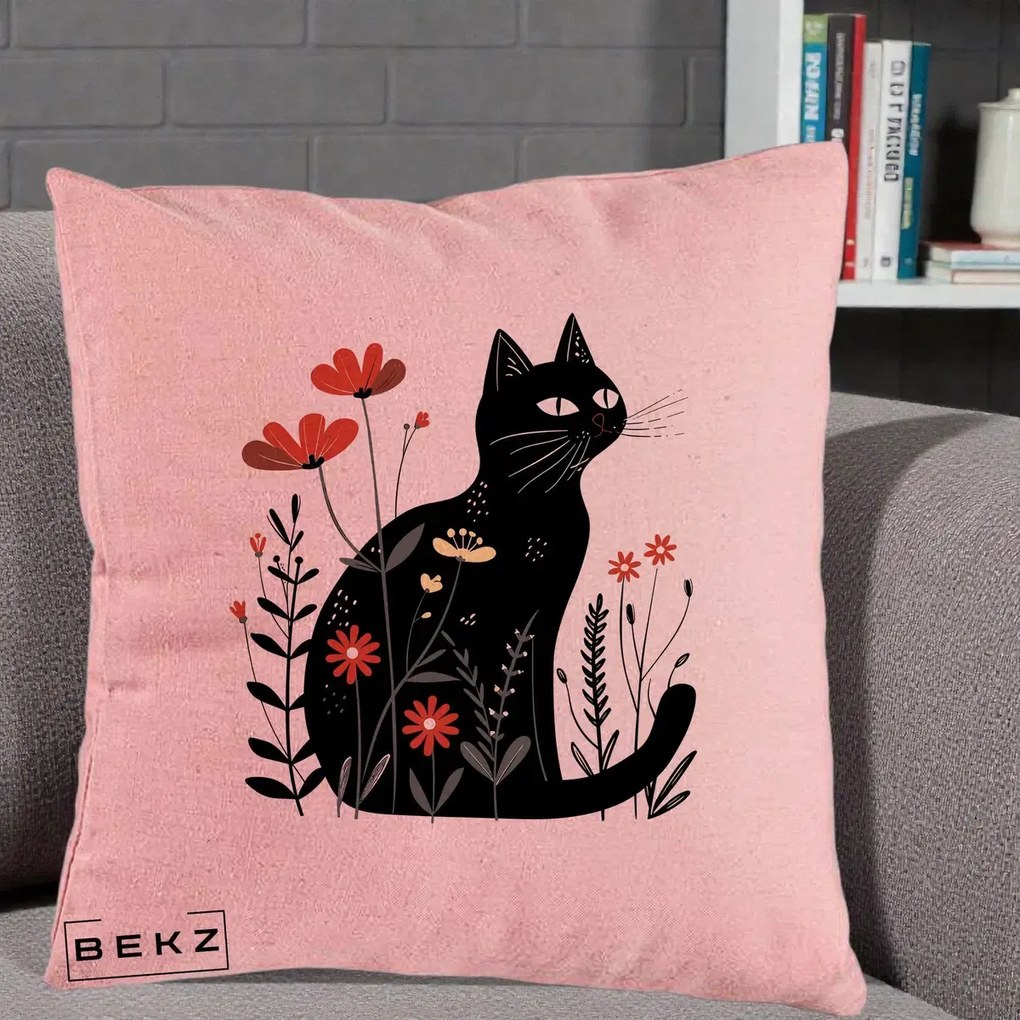 Perna Decorativa Pisica Neagra Flori Rosii Folk, 40x40 cm, Roz, Husa Detasabila, Perna Inclusa, BEKZ®