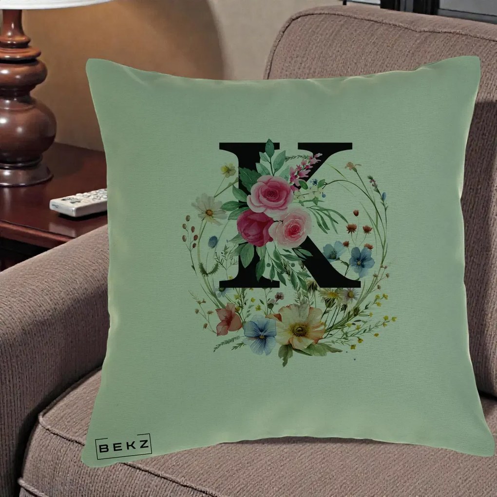Cadou Personalizat - Perna Personalizata Monogram Litera K cu Flori Acuarela, 40x40 cm, Verde, Husa Detasabila, Perna Inclusa, BEKZ®
