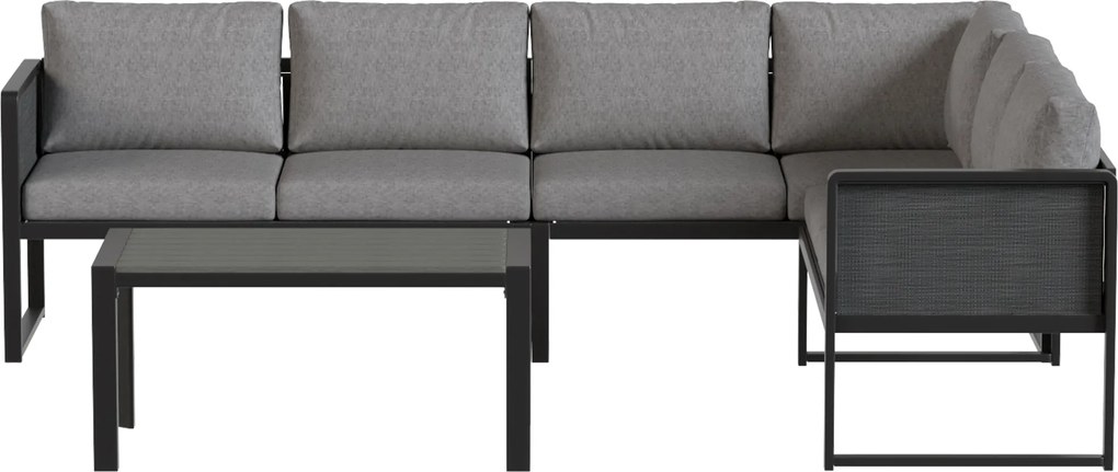 Outsunny Set canapea colțar de grădină din metal, 3 fotolii, măsuță cu efect lemn, gri închis | Aosom Romania