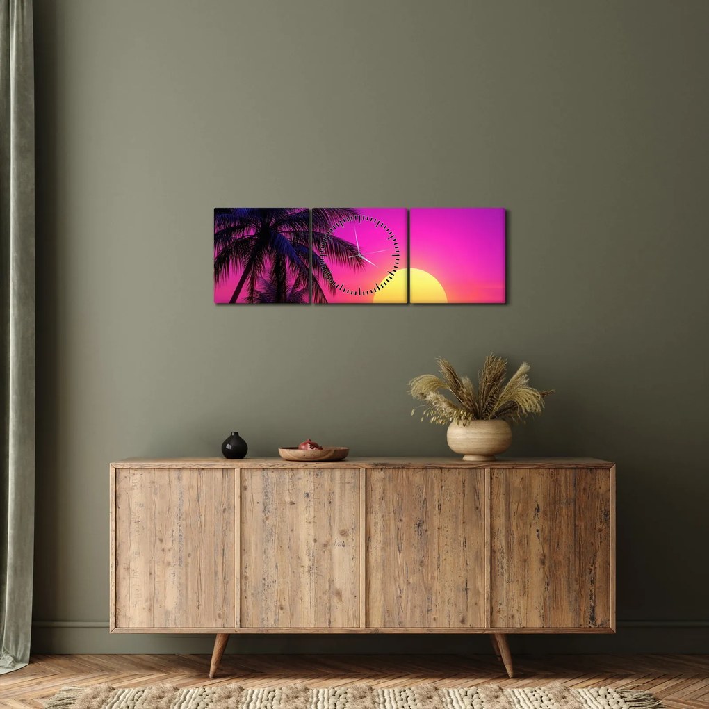 Tablou - Apus violet cu palmier (cu ceas) (90x30 cm)