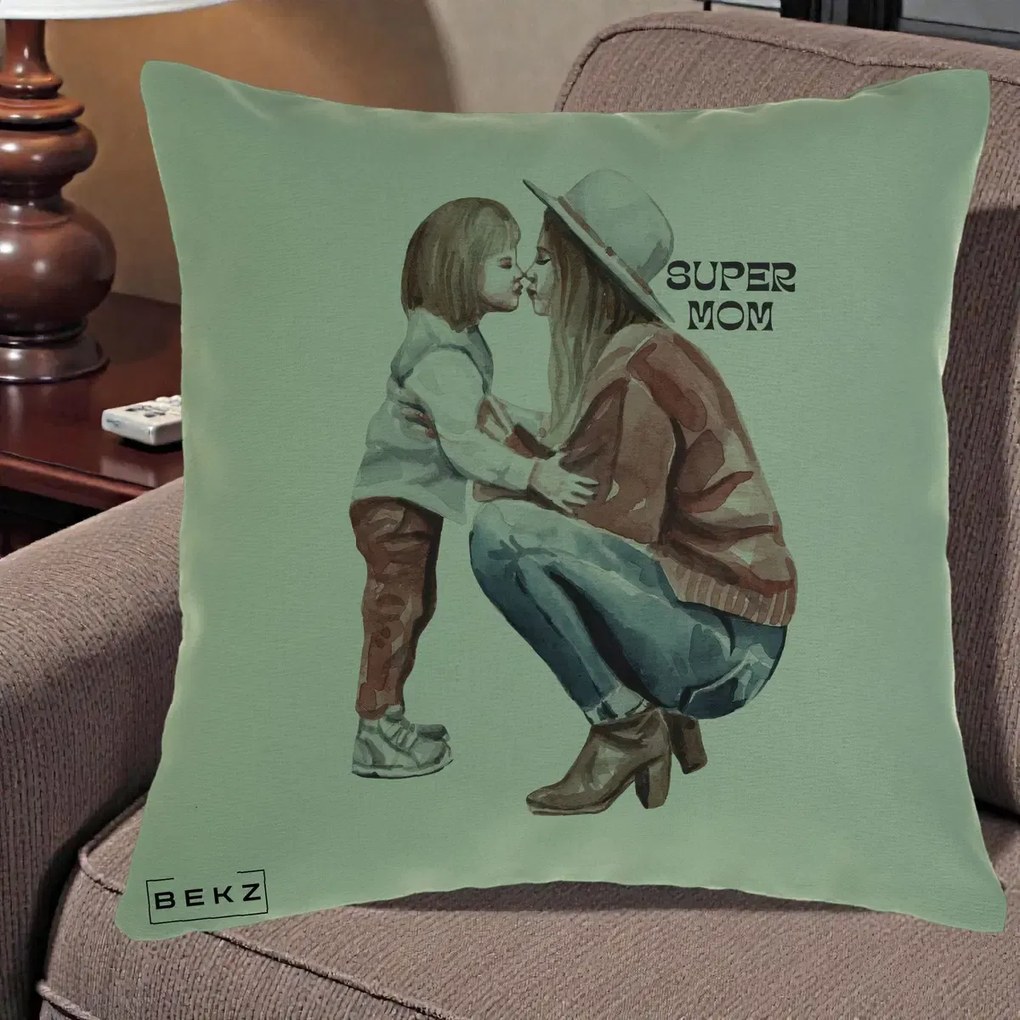 Cadou pentru Mama - Perna Personalizata Super Mom Acuarela, 40x40 cm, Verde, Husa Detasabila, Perna Inclusa, BEKZ®
