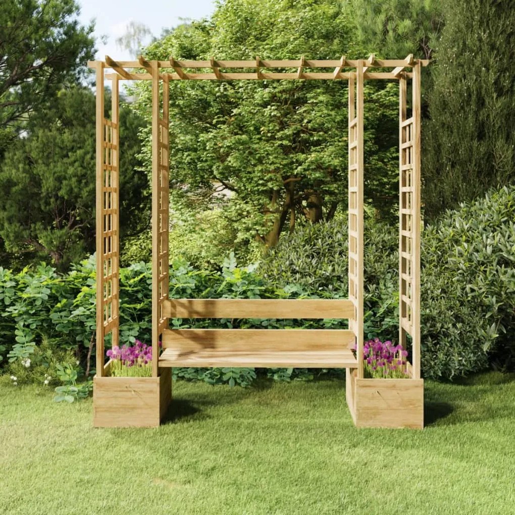 Pergola de gradina cu banca si jardiniera lemn masiv pin tratat